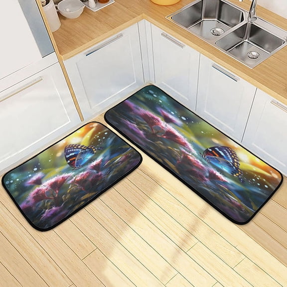 Dailycode 2 Pcs Kitchen Rug Set Non Slip Absorbent Soft Floor Mats for Kitchen Bathroom Butterfly on Flower 19.7"x27.6" 19.7"x47.2"