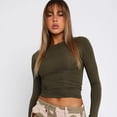 thumbnail image 5 of Una camiseta de manga larga para mujer con cuello redondo verde militar, top básico, ropa informal para mujer, 5 of 5