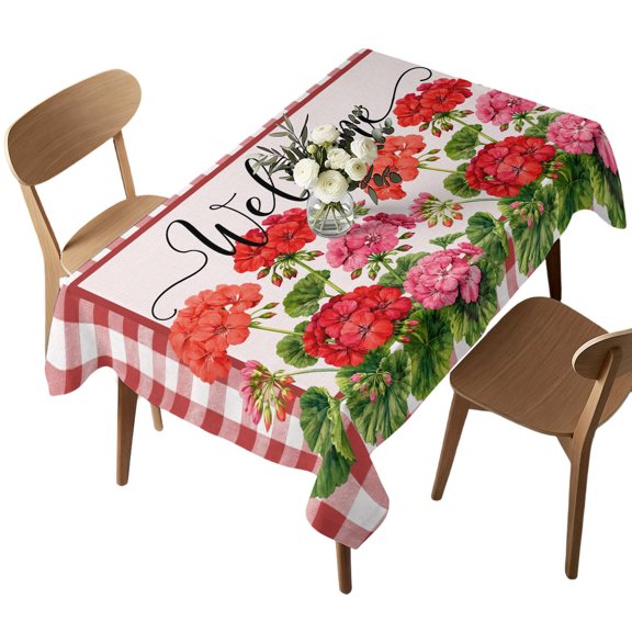 Waterproof Tablecloth Country Red Pink Flower Rectangle Table Cloth 52x70in,Wipeable Washable Table Cover Pastoral Geranium Buffalo Plaid Tablecloths for Dining Tables Kitchen Picnic Outdoor Party