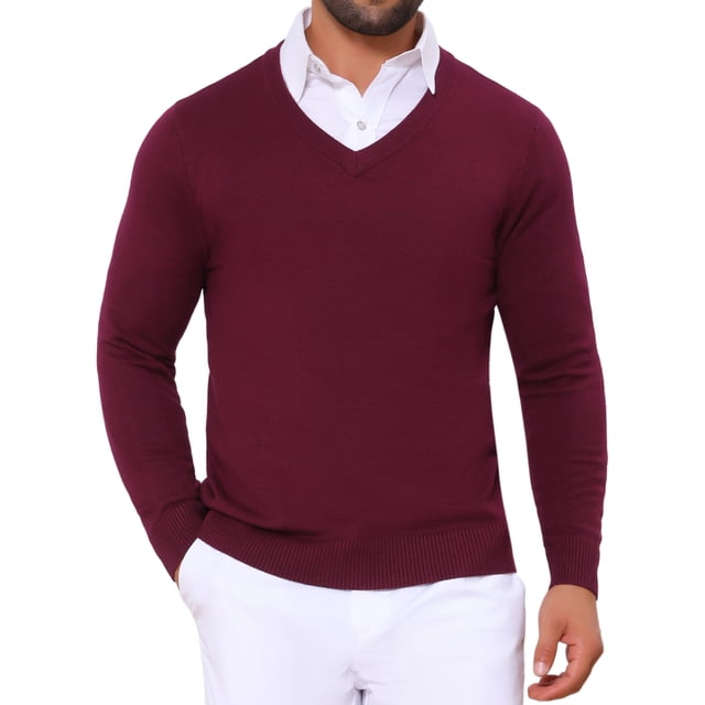 SUÉTER DE PULLOVER DE PUNTO DE COLOR SÓLIDO DE MANGA LARGA PARA HOMBRE V-CUELLO L BURDEOS