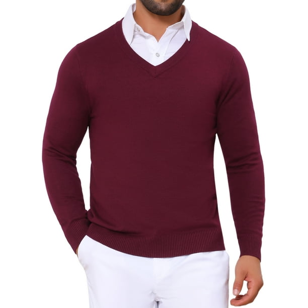 SUÉTER DE PULLOVER DE PUNTO DE COLOR SÓLIDO DE MANGA LARGA PARA HOMBRE V-CUELLO M BURDEOS