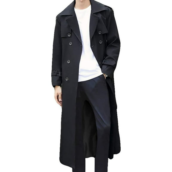 Men's Casual Trench Coat Notched Lapel Casual Belted Windbreaker Fall Classic Long Jacket Overcoat Outerwear Clothes, Black, Size 4XL