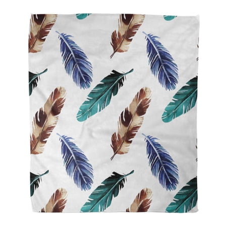SIDONKU Throw Blanket Warm Cozy Print Flannel Pattern Hand Watercolor Colorful Feathers on Tribal Ethnic Peacock Comfortable Soft for Bed Sofa and Couch 58x80 Inches