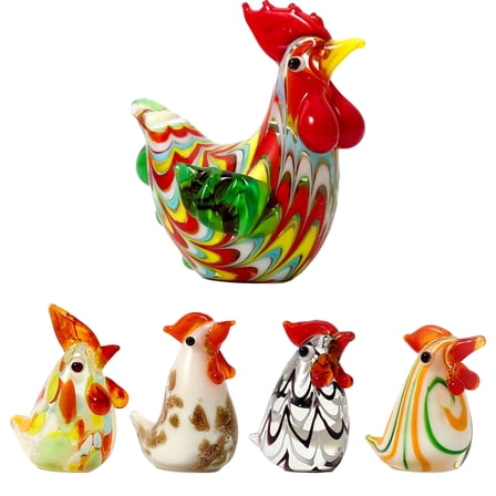 Set of Five Glass Blown Rooster Chicken Figurines - Mini Glass Rooster Collectible Art Glass Rooster Ornaments Blown Glass Chicken Collectible Figurines for Home Desktop Decor