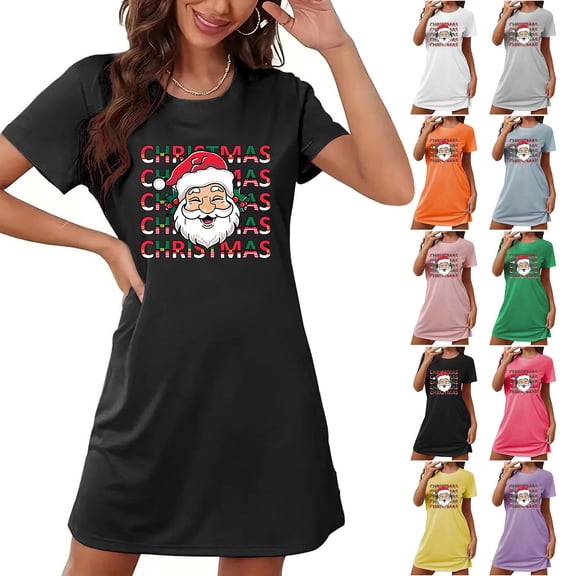 Axdhxbd Womens Christmas Mini Nightgown Short Sleeve Crew Neck Sleep Shirts Dress Funny Santa Claus Graphic Nightdress Loose Casual Holiday Sleepwear L