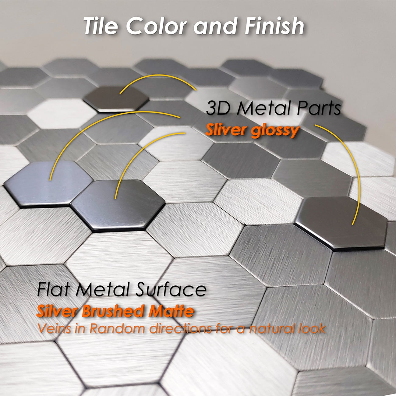 Acopelo Peel and Stick 3D Hexagon Mosaic Silver Metal Tile for Backsplash - 6 Tiles