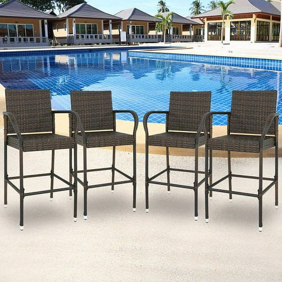 ZENY Set of 4 Wicker Bar Stool Backyard Rattan Chair Patio Chair Iron Frame, Brown