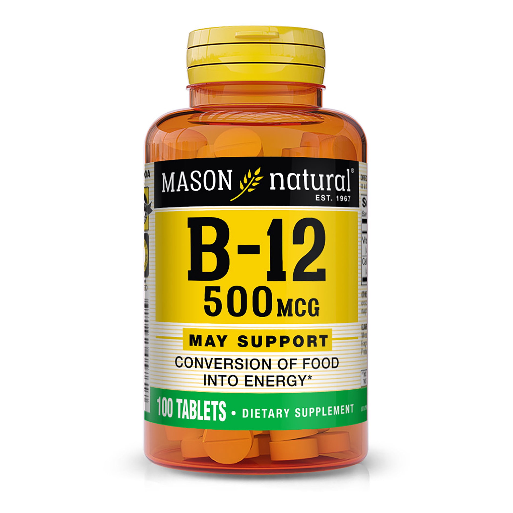 Mason Natural Vitamin B12 500 mcg with Calcium - Healthy Conversion of Food into Energy, Supports Nerve Function and Health, 100 Tablets