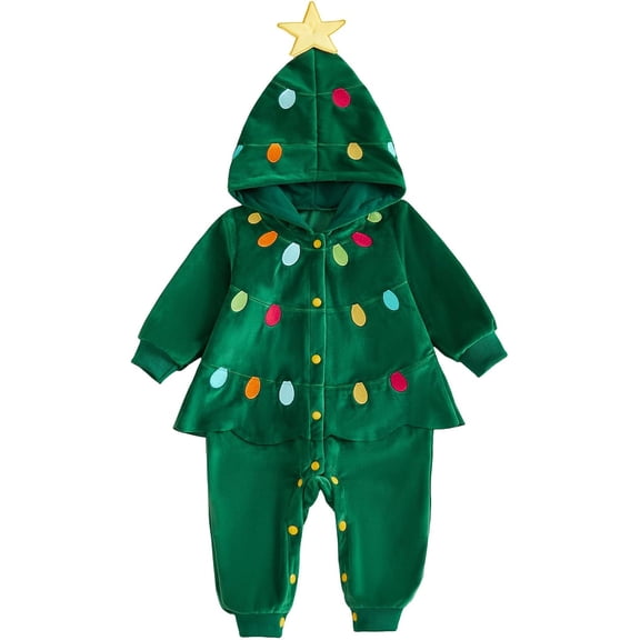 Guvpev T'oddler Christmas Tree Costume, Unisex B'aby Christmas Holiday Outfit, Colorful Bobbles Hooded Long Sleeve Romper Jumpsuit, Zipper Front, Loose Legs, Funny Xmas Clothes
