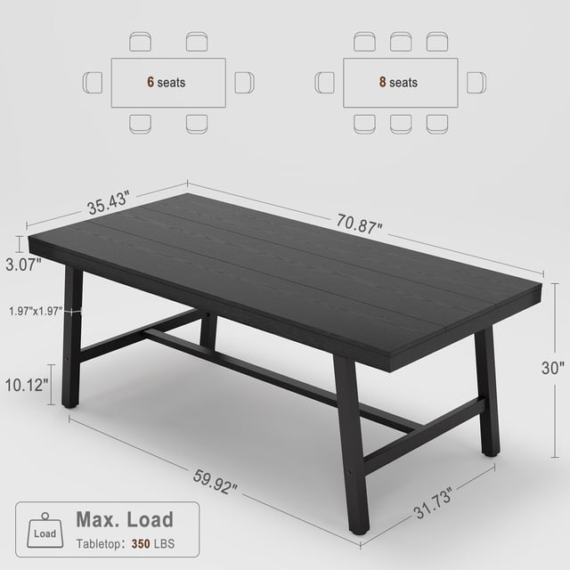 Kojooin 70.87" Industrial Dining Table, Large Gray Kitchen Table for 6-8, Wooden Top & Metal Frame