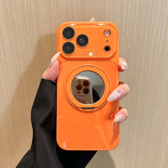 For iPhone 17 Pro Max Phone Case,With Back Circular Make-up Mirror,Camera Lens Protector,360°Rotatable Ring Kickstand,Glossy Shockproof Durable Cover,PC TPU Hybrid Phone Case,Orange