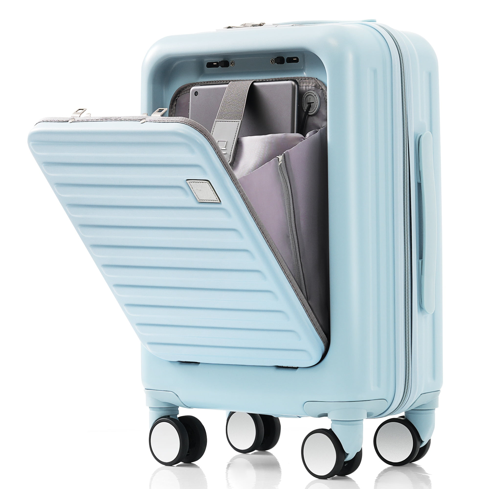 LoLado Luggage Set of 3, 20/24/28" Suitcase with USB Port and Cup Holder, 20/24" with Front Opening Design, ABS Hard Shell Travel Luggage Set with Spinner Wheels, Light Blue