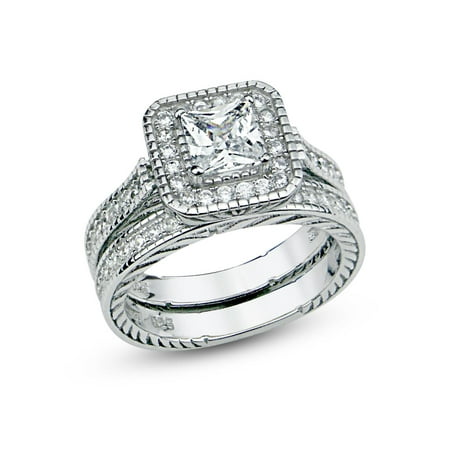 Sterling Silver Cubic Zirconia Halo 1.6 Carat tw Princess Cut CZ Filigree Wedding Engagement Ring Set, Nickel Free Sz 7