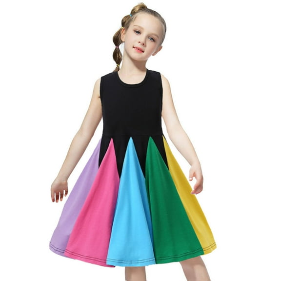 Odeerbi 12M-5Y Toddler Girls Cute Dresses Cotton Dress Kids Fashion Sleeveless Sweet Stitching Ruffle Dress Baby Clothes Multicolor