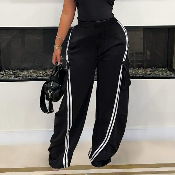 Wide leg straight casual striped pants (S, Black)