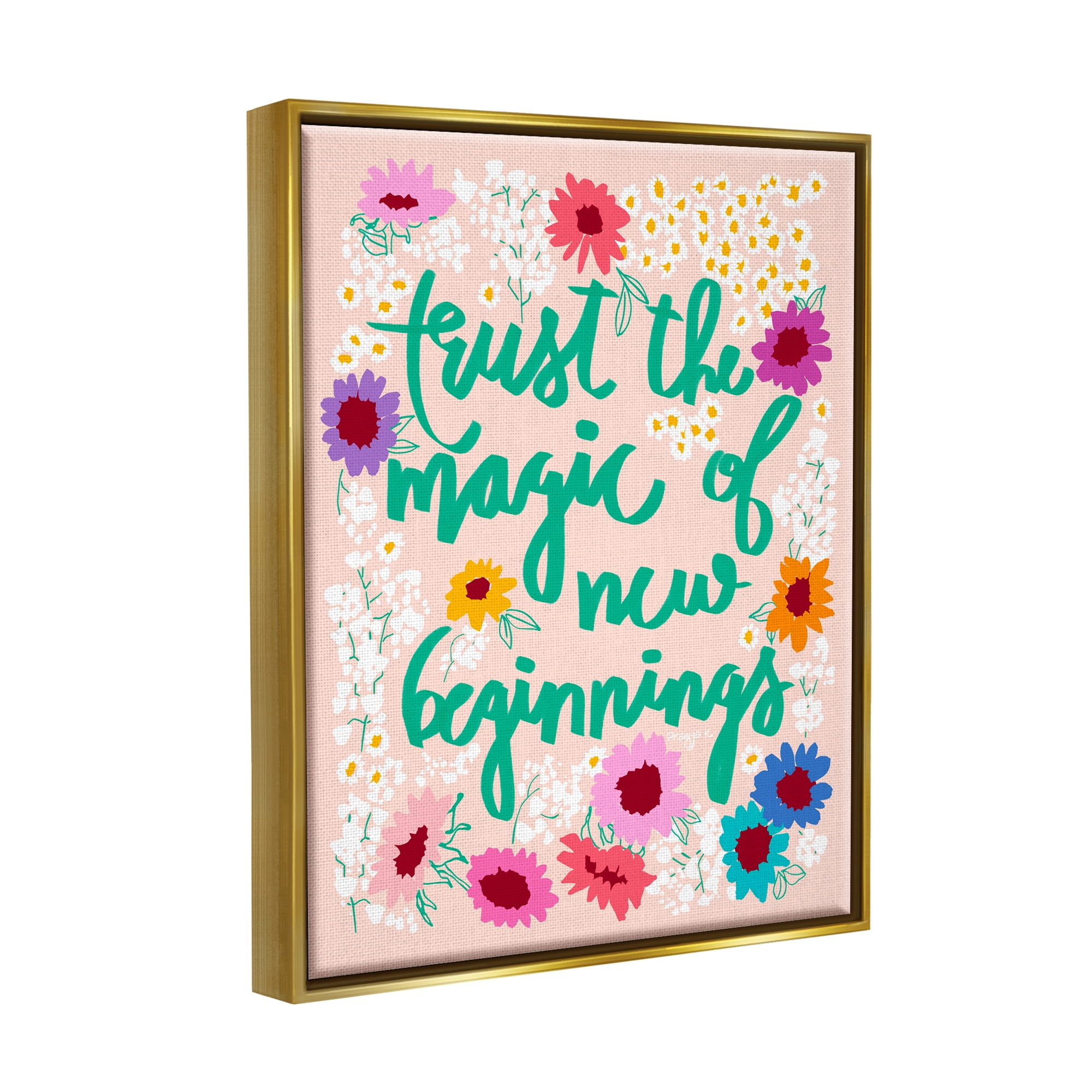 Stupell Industries New Beginnings Phrase Botanical & Floral Painting Gold Floater Framed Canvas Art Print Wall Art, 17 x 21
