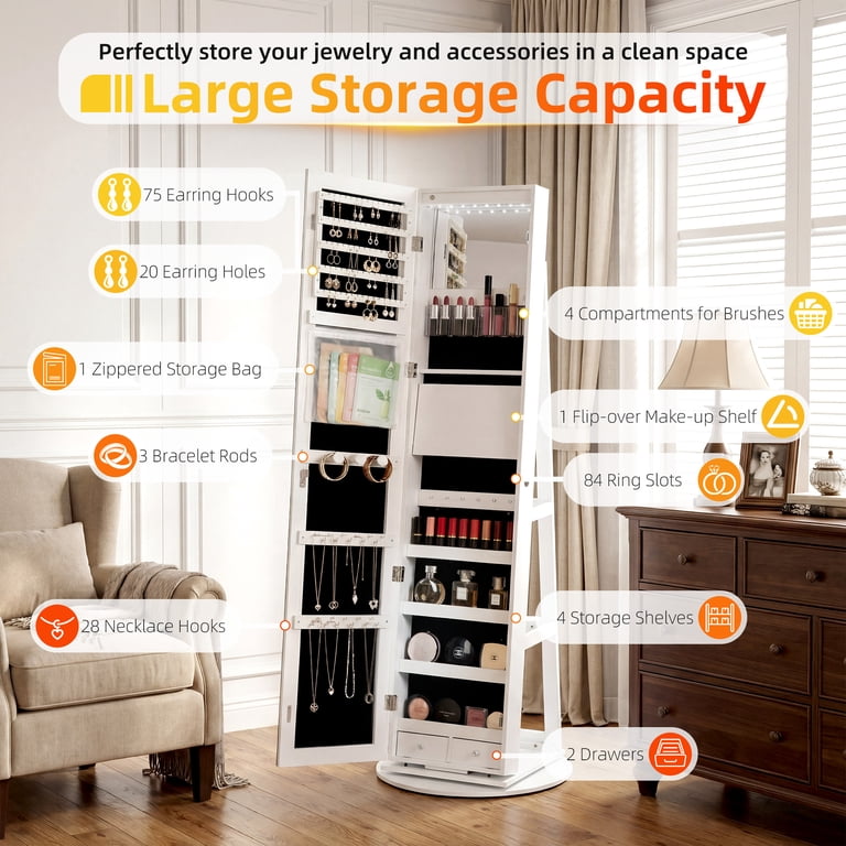 edx, Freestanding Rotating Jewelry Cabinet, lockable, White