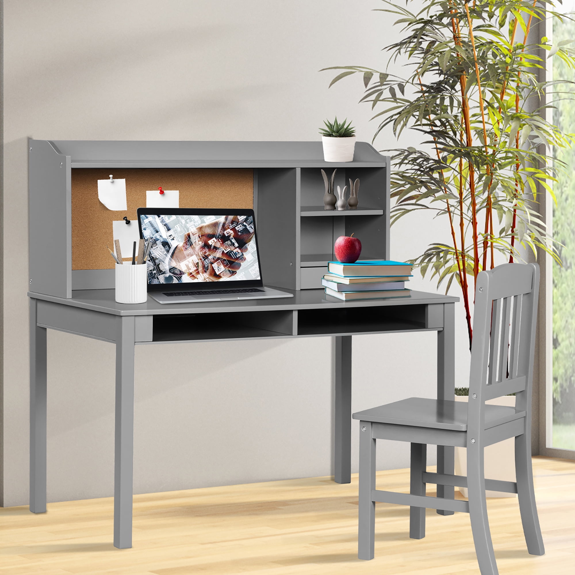 Costway Kids Desk Chair Set Study Writing Desk w Hutch Bookshelves Grey