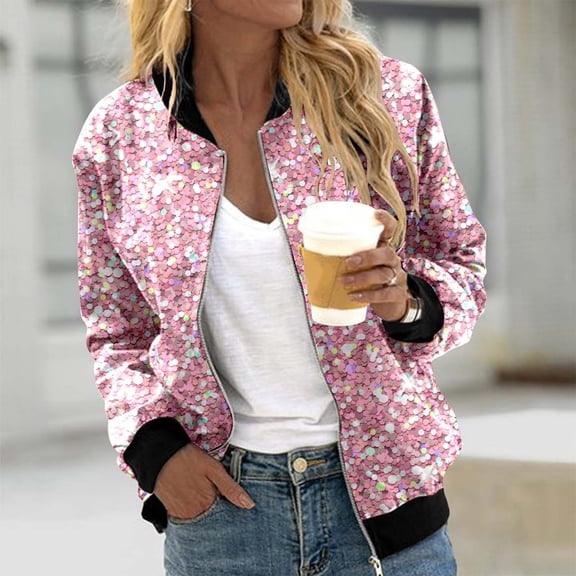 Womens Sequin Jacket Glitter Long Sleeve Zipper Jackets (Pink L)