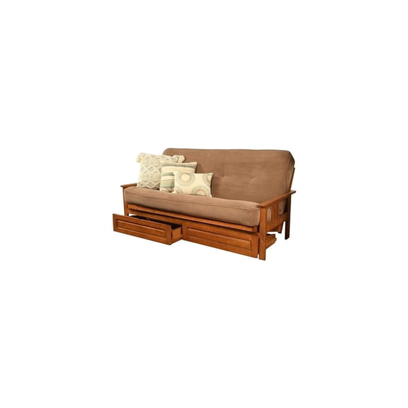 French Country Full Futon Frame Set with Mattress and Storage Drawers, Classic Foldable Hardwood Frame, Easily Converts To Bed