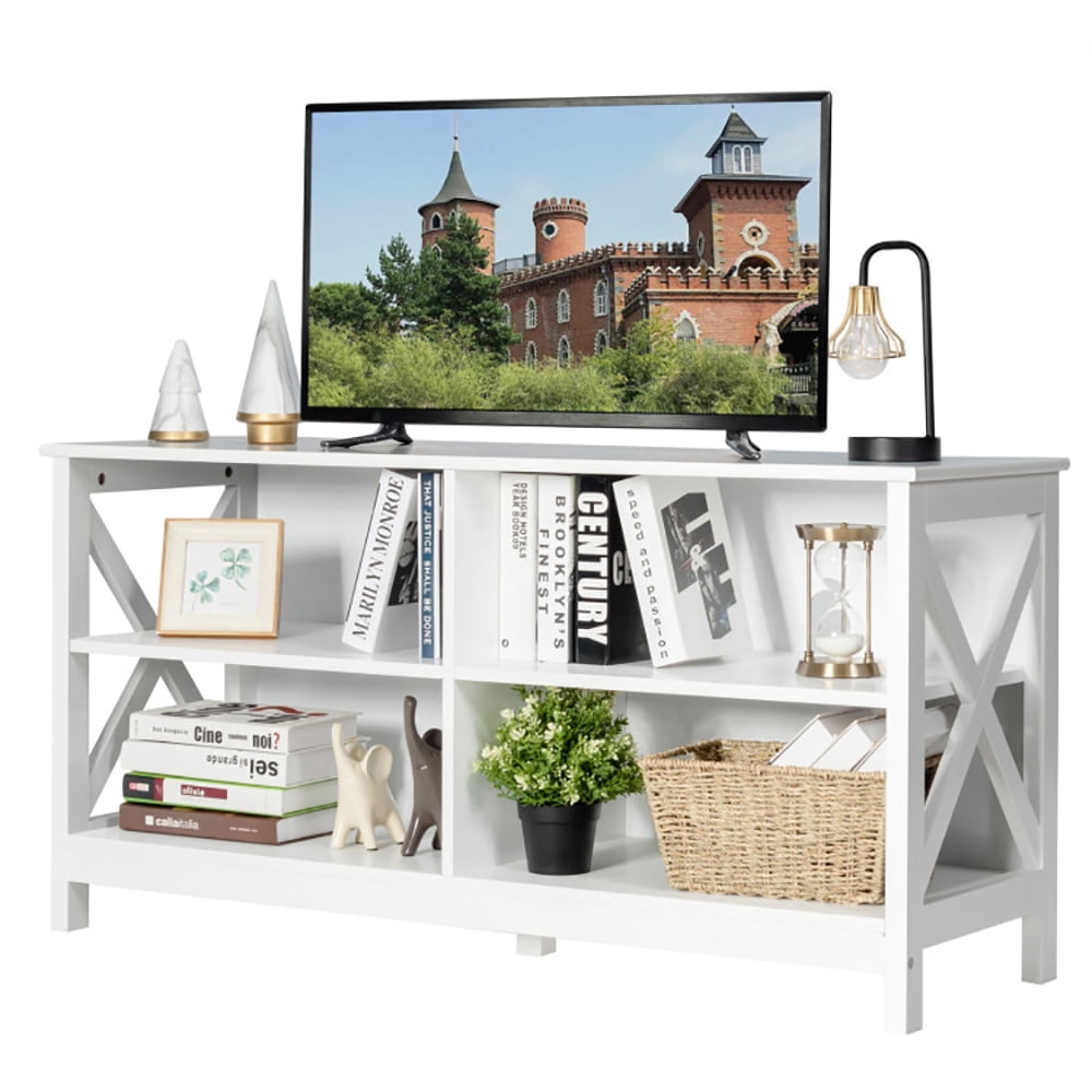 Finihen TV Stand, TV Cabinet, Wooden TV Stand Entertainment for TVs up to 55 Inch with X-Shaped Frame, Media Entertainment Center with Storage, for Living Room, Bedroom, White