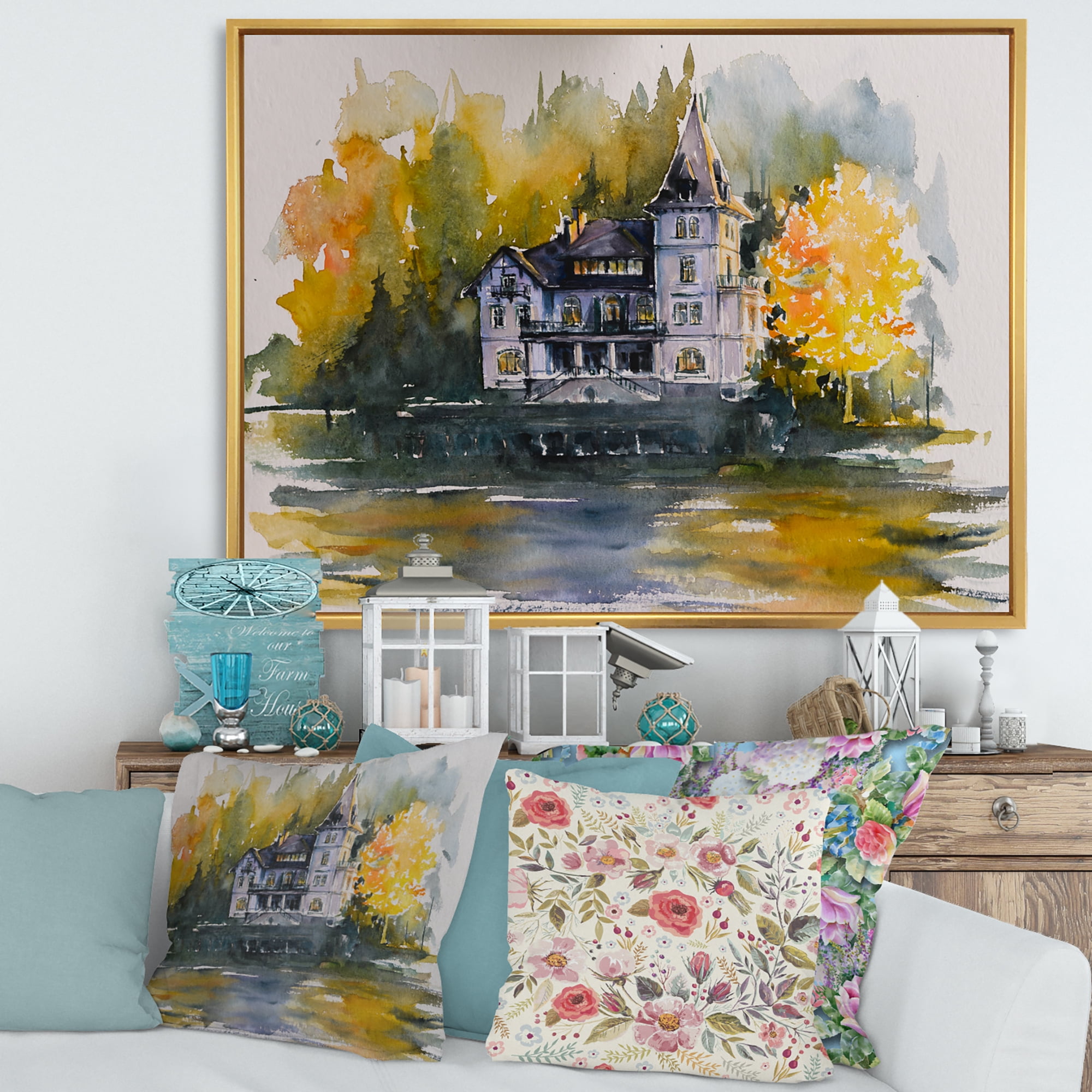 Designart 'Castle With Autumn Trees By The Lake' Lake House Framed Canvas Wall Art Print