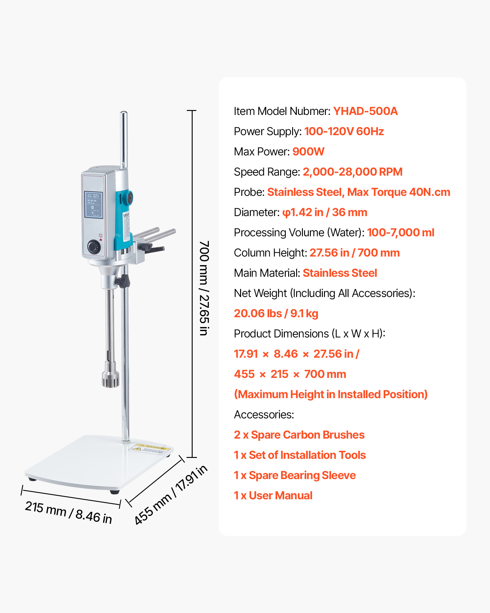 VEVOR Homogenizer, 900 W Laboratory High Speed Dispersing Homogenizer, 2000-28000RPM High Shear Lab Mixer Emulsification Machine, Digital Display Blender, Stainless Steel