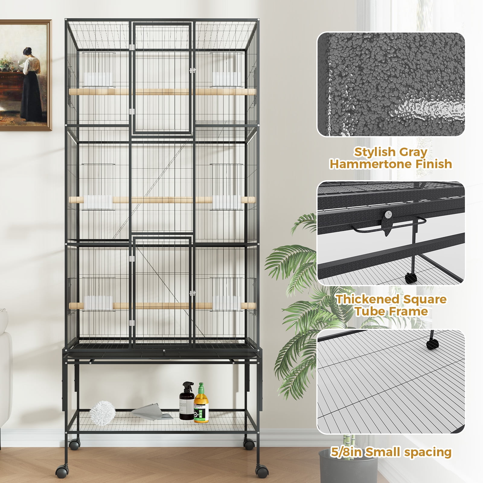 69 Inch Large Bird Cage, Bird Cage with Rolling Storage Stands, Feed Bowls, Wide Tall Parrot Cage for Parakeets, Conures, Cockatiel, Cockatoo