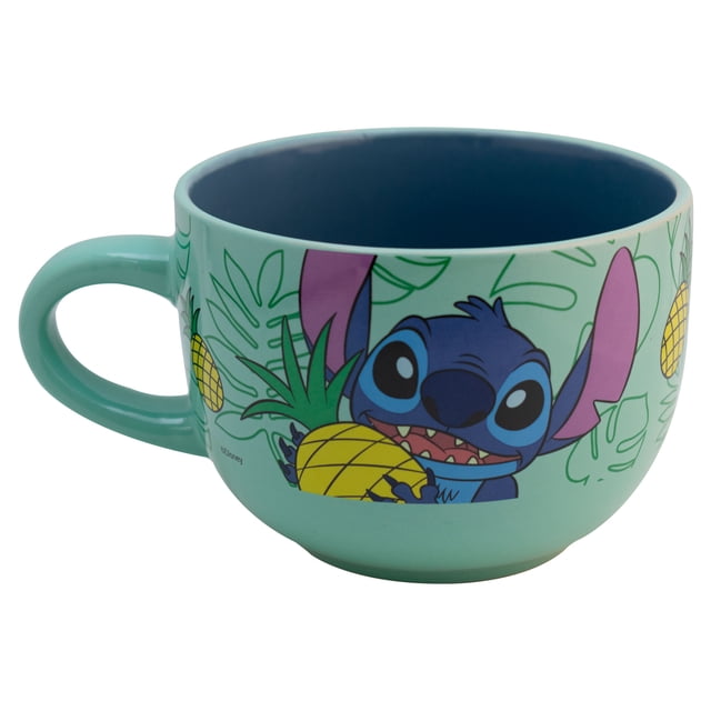 Taza Jumbo Bitono De Cerámica, Stitch Hawaii Tropical, Disney Clásicos, Capacidad 820 Ml