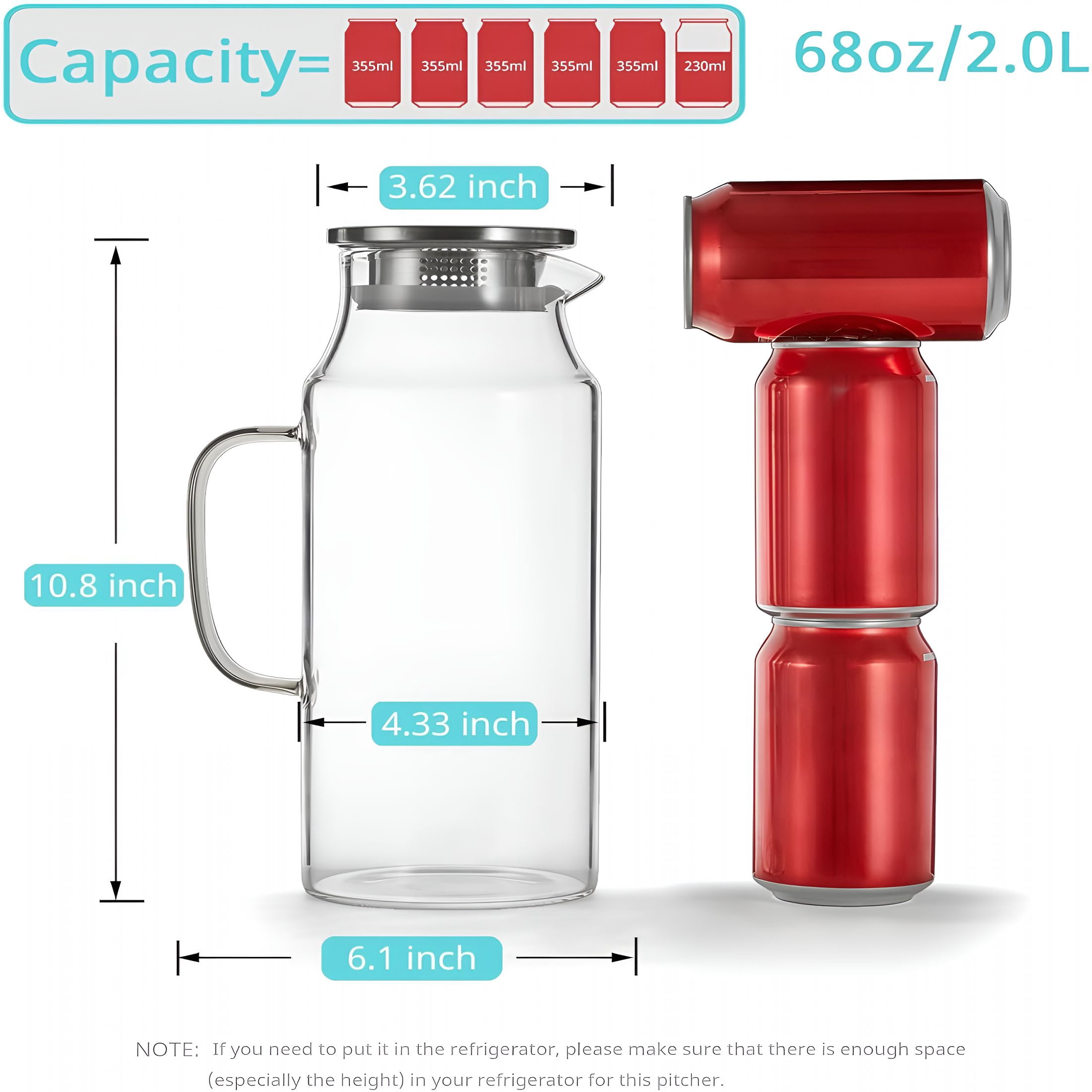 ACDANC 2 Liter 68 Oz Glass Pitcher with Lid and Handle,Glass Carafe for Hot/Cold Water,Large Iced Tea Pitcher for Coffee,Juice and Homemade Beverage