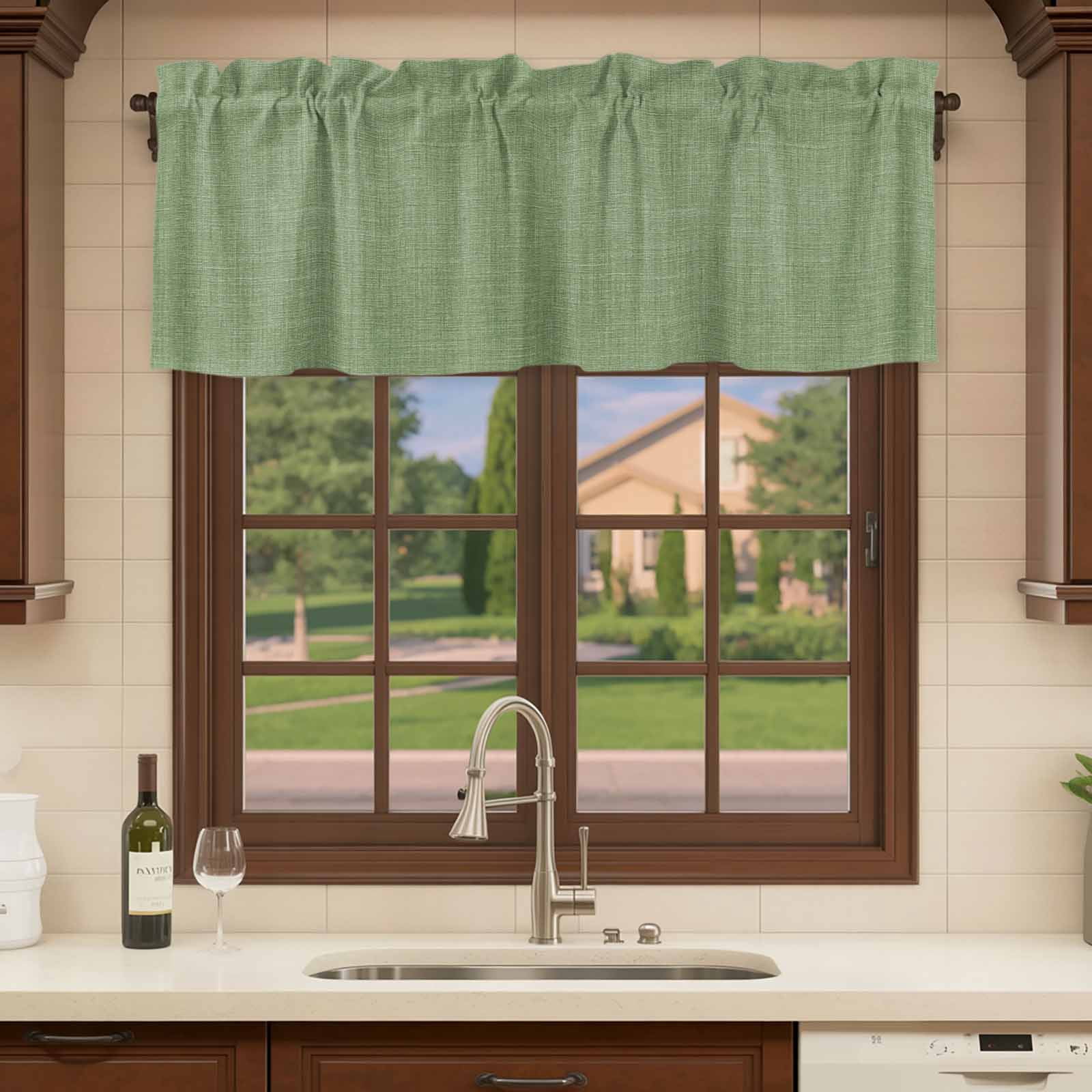 2 Pack Vintage Forest Green Valances for Windows Bedroom Living Room Window Treatments, Farmhouse Retro Solid Color Linen Texture Rod Pocket Valance Drapes Short Kitchen Curtains Over Sink 60"x18"