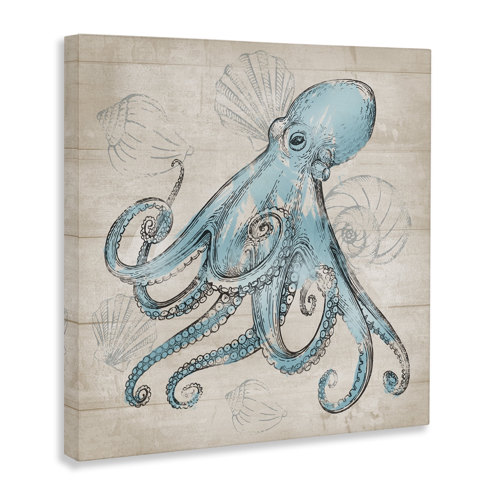 Stupell Industries Vintage Drawn Octopus Animals Painting Wrapped Canvas Art Print Wall Art, 30 x 30