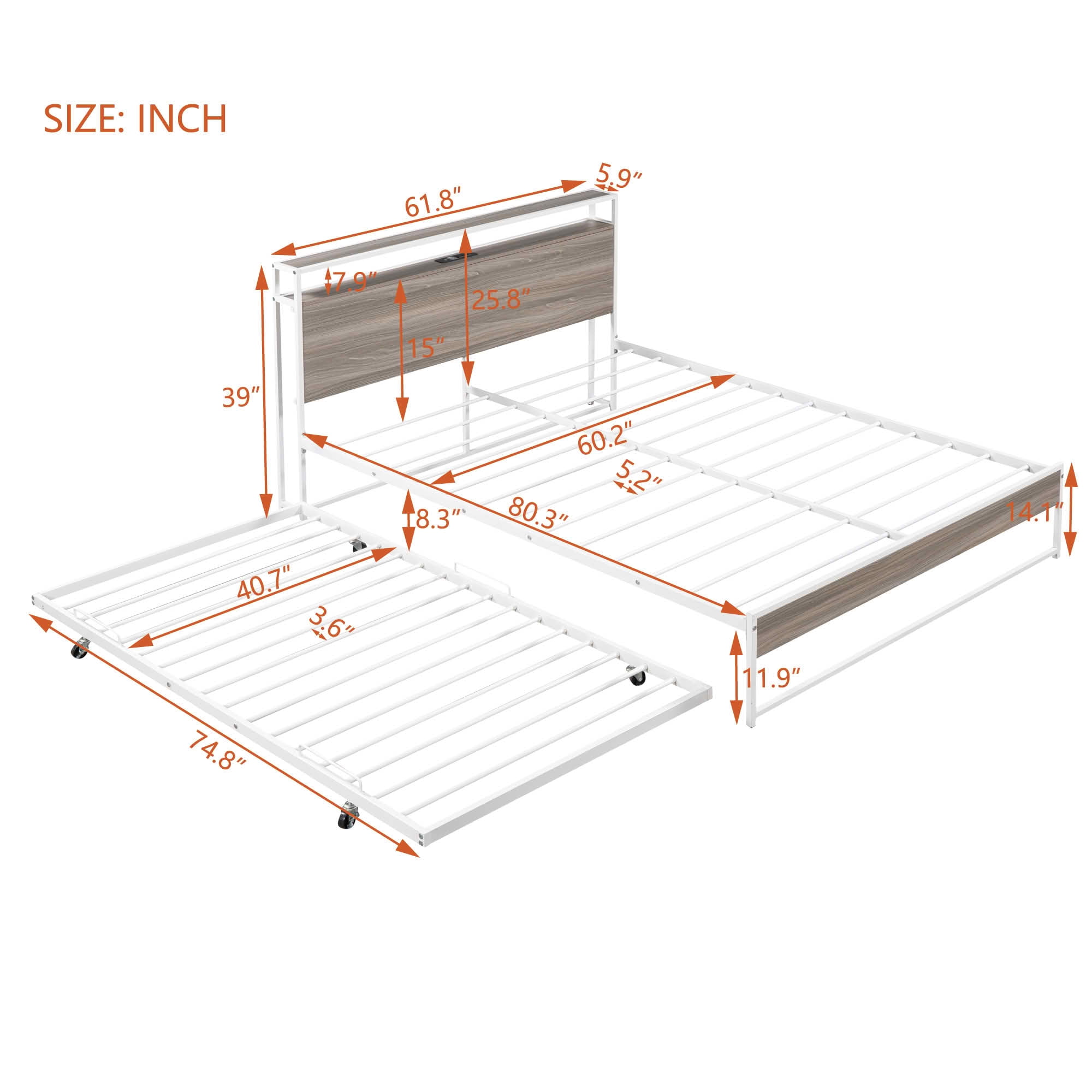 MAYEERTY Full Size Metal & Wood Daybed with Trundle, Headboard Shelves with USB & Socket, Sturdy Noise-Free Frame No Box Spring Needed