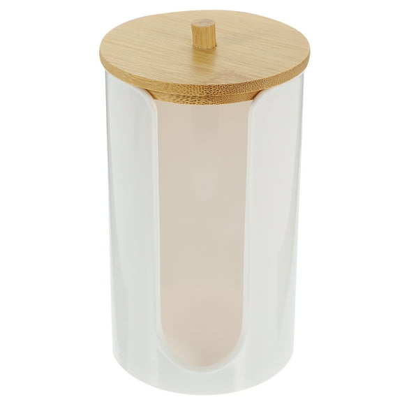 Tineasur White Plastic Bathroom Cup Holder with Bamboo Lid for Mouthwash Cups and Cotton Round Pads