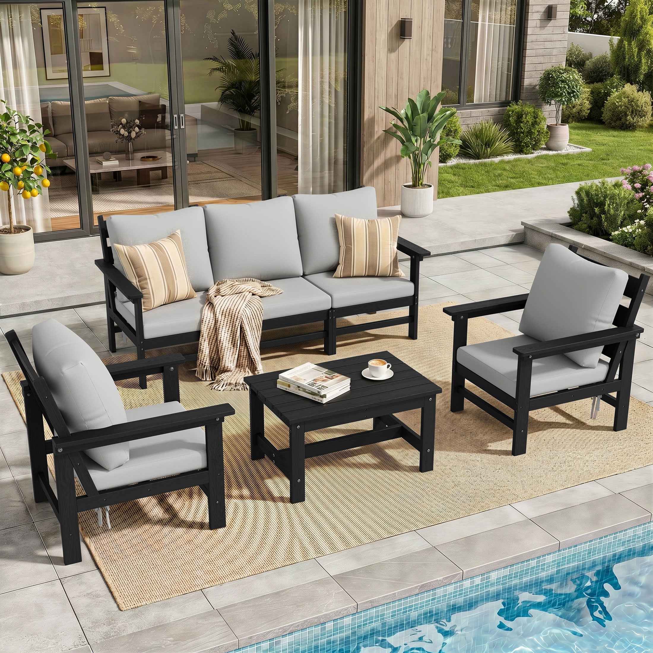 UDPATIO HDPE Patio Conversation Set, 6-Piece Sectional Outdoor Furniture Set, All-Weather Outdoor Couch Set for Deck, Lawn, Black Frame with Grey Cushion
