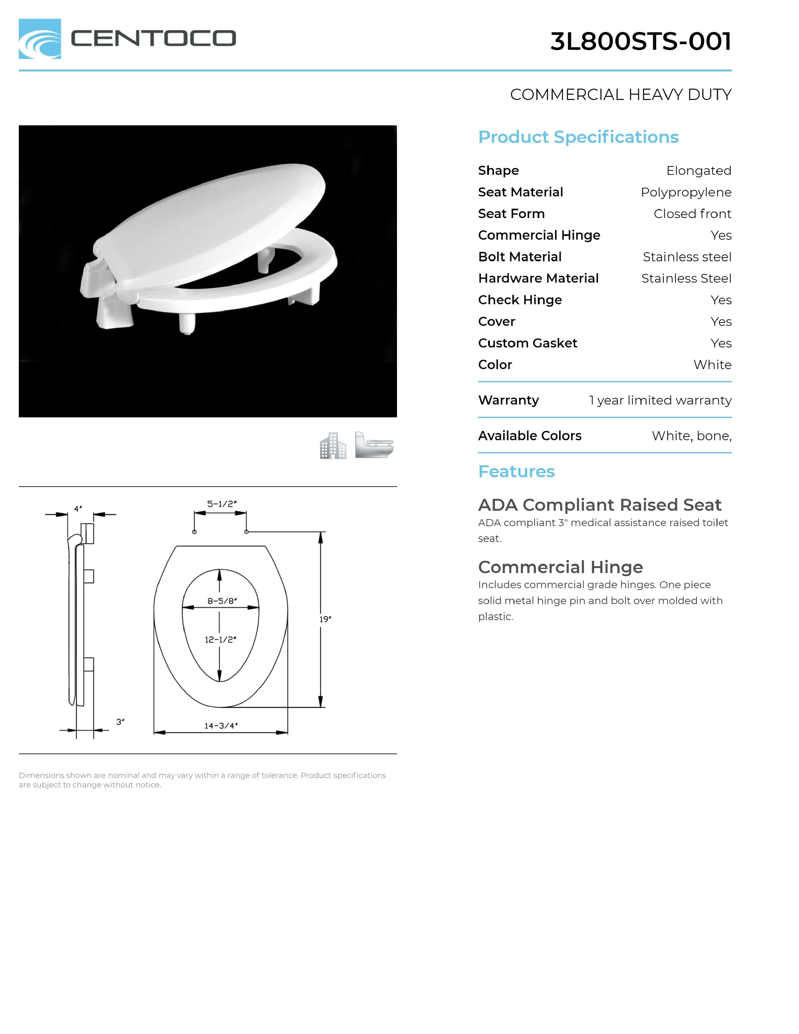 CENTOCO GR3L800STS-001 Toilet Seat, With Cover, Plastic, Elongated, White