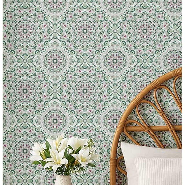 S4Sassy Self-Stick Decorative Boho Wallpaper, Mandala Pattern Wall Paper, Textured Vinyl Waterproof Contact Paper, Green, 25"X 360" Removable Renter Friendly Walls Covering For Bedroom, Dining Room