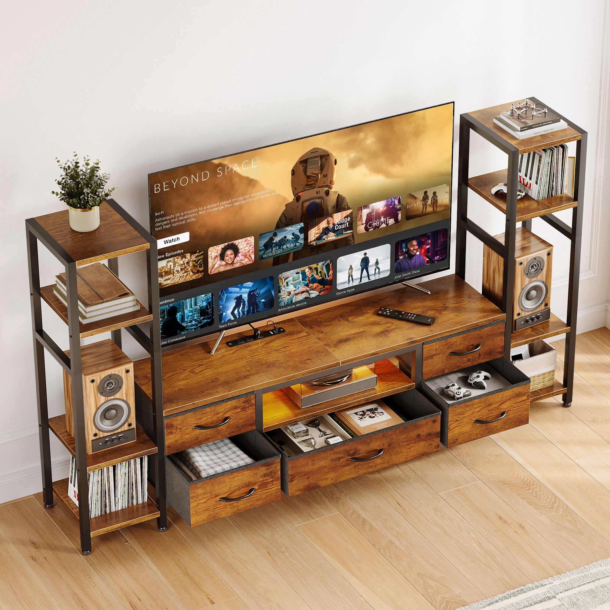 Casacomoda TV Stand for 40–50 Inch TV, Low-Profile Entertainment Center for Small Spaces with LED Lights & Power Outlets, Storage TV Stand with Drawers & Shelves, Vintage