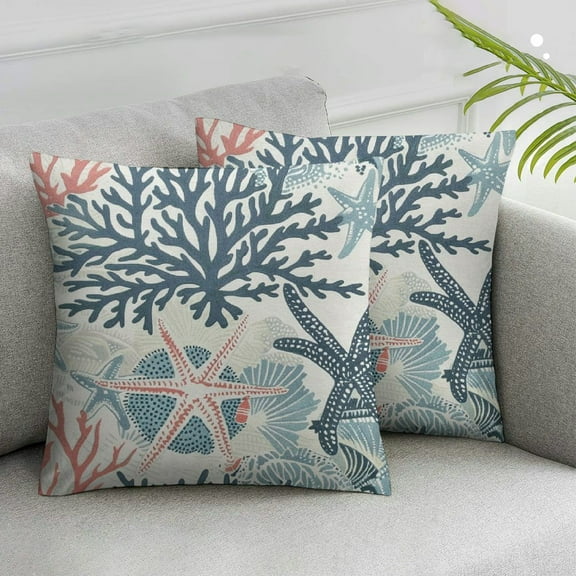 Acheng Coastal Pillow Covers Seashell Starfish Coral Ocean Themed Beach Throw Pillows Turquoise Navy Blue Nautical Summer Outdoor Decorative Cushion Cases for Couch Decorations,Set of 2 White