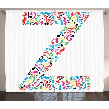 Letter Z Curtains 2 Panels Set, Collection of Vibrant Musical Signs and Notes in Shape of Capital Z Alphabet Font, Window Drapes for Living Room Bedroom, 108W X 90L Inches, Multicolor, by (Best Font For Windows 7)