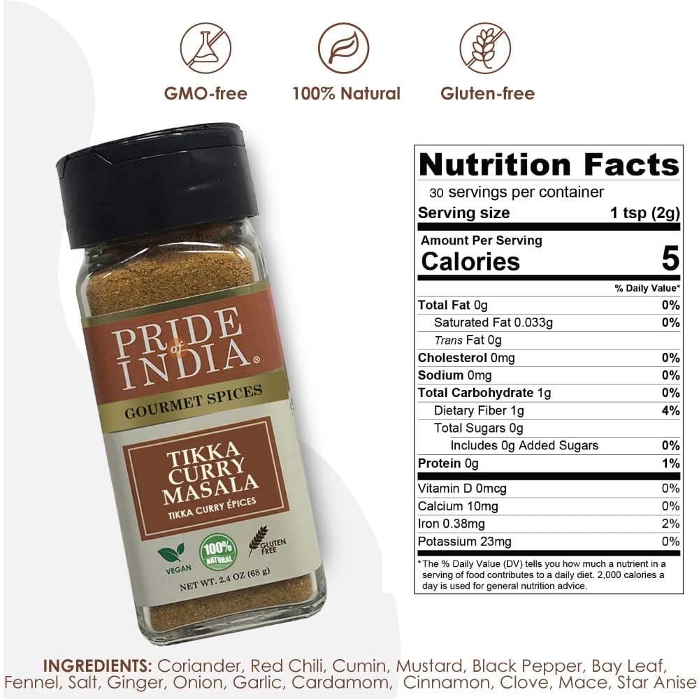 Pride of India - PACK of 6 - Tikka Curry Masala Seasoning Spice – Gourmet Curry Mix – Ideal for Vegetarian and Meat Dishes – Natural & GMO Free – Easy To Use - 2.4 oz. Small Dual Sifter Bottle