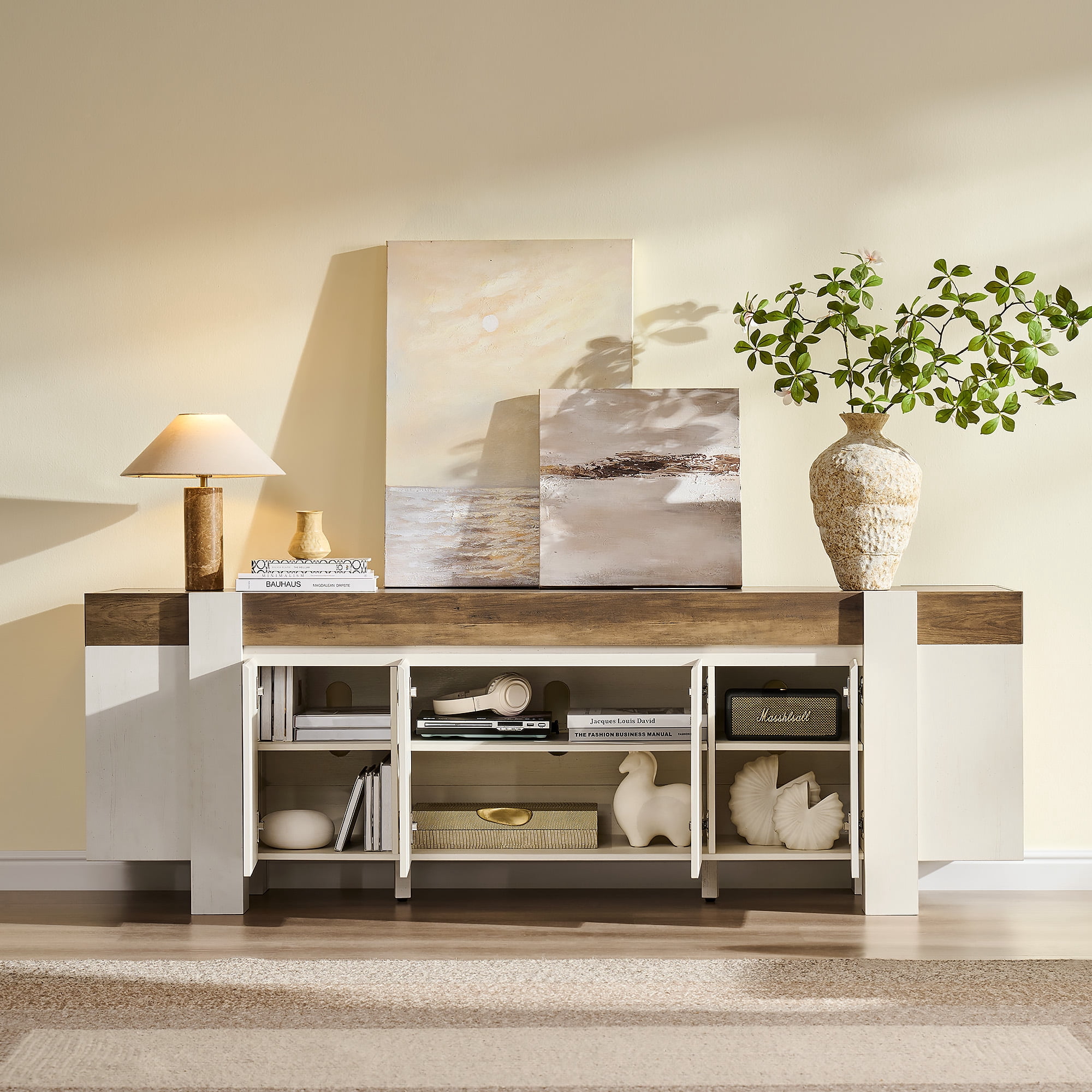 KeyWhat TV Stand for TVs Up to 80", Modern Farmhouse Entertainment Center with Storage Cabinet, Media Console Table for Living Room, Antique White