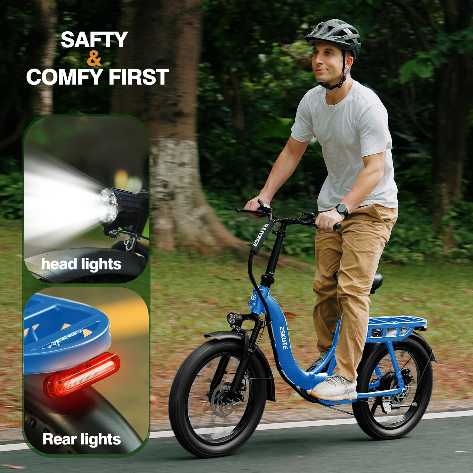 ESKUTE Blue Electric Bike for Adults – 1200W Peak Motor, Folding 20x3 Fat Tire E‑Bike, 500W Motor 48V 10.4Ah Battery, Step‑Through Cargo Fold Ebike, NFC Unlock, 19.5 MPH, 7‑Speed, Up to 55 Miles