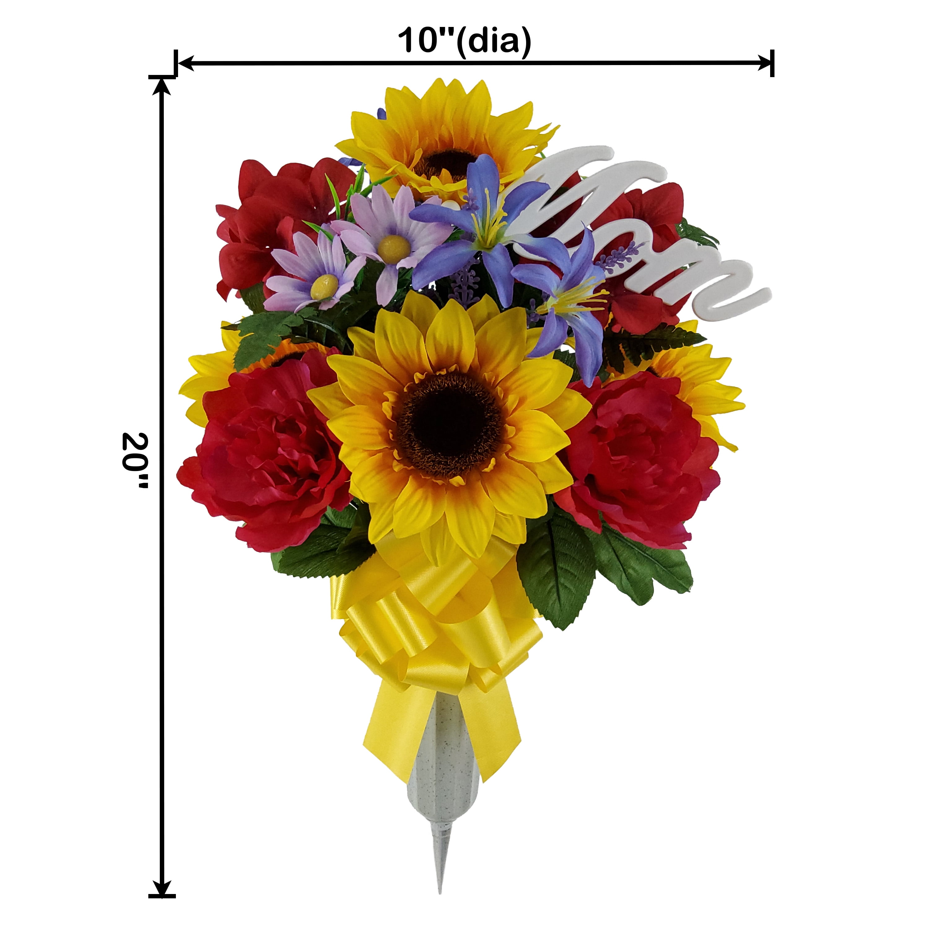 Mainstays 20in Outdoor Artificial Flowers in Vase with "Mom" Sign, Yellow Sunflower and Red Peony.