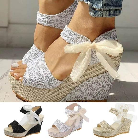 Jacenvly 2024 New Fashion Women Solid Summer Ladies Bandage Sandals Slope Heel Casual Beach Shoes Black Sandals for Women