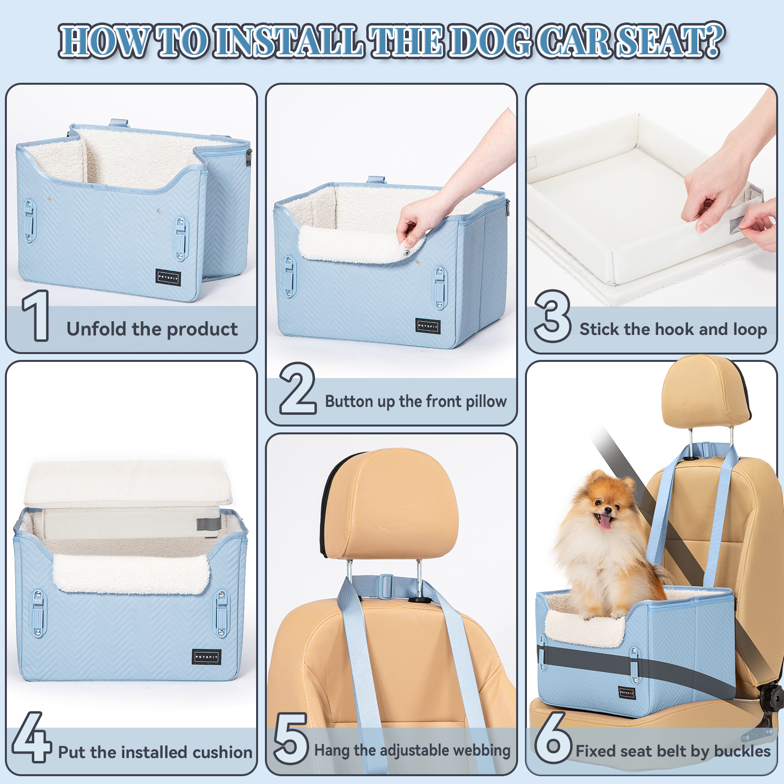 PETSFIT Dog Car Seat Medium Sized Dog, Stable Small Dog Car Seat for Car with Clip-On Leash, Fleece Liner Perfect for Small Pets Up to 25lbs (Blue)