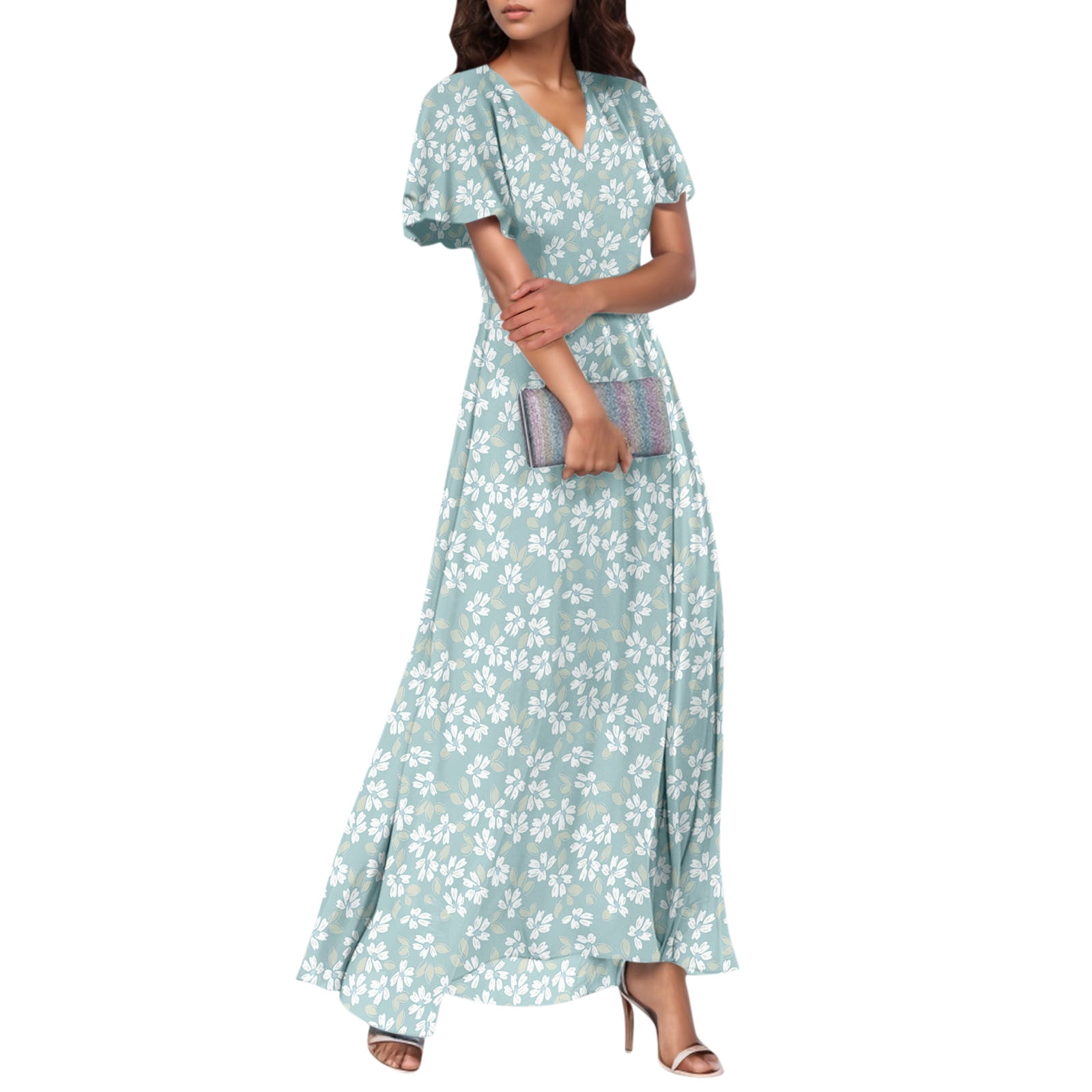 Women's High Waist Flowy Dress Floral Empire Waist Maxi Dress Short Sleeve  Chiffon Wedding Guest Dress Mint Green XL - Walmart Business Supplies