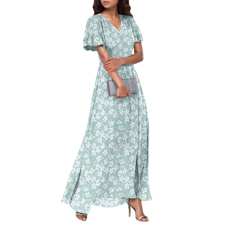 Short White Dresses For Graduation, Wedding Guest Easter Dresses Chiffon  Floral Short Sleeve Ruffle V Neck Flowy Maxi Dress Beach Women 2025  Vacation Gatsby Dress Work Dresses (S, Mint Green) ZMTing -