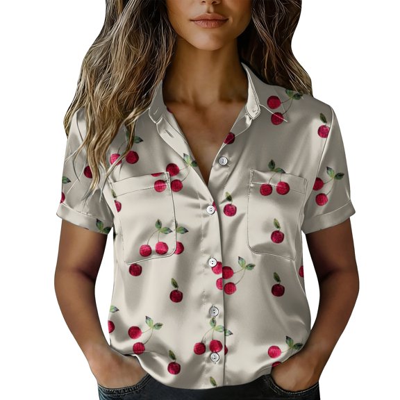 QASIEATN Women's Retro Shirt Women's Satin Printed Short Sleeved Shirt Vacation Style Shirt