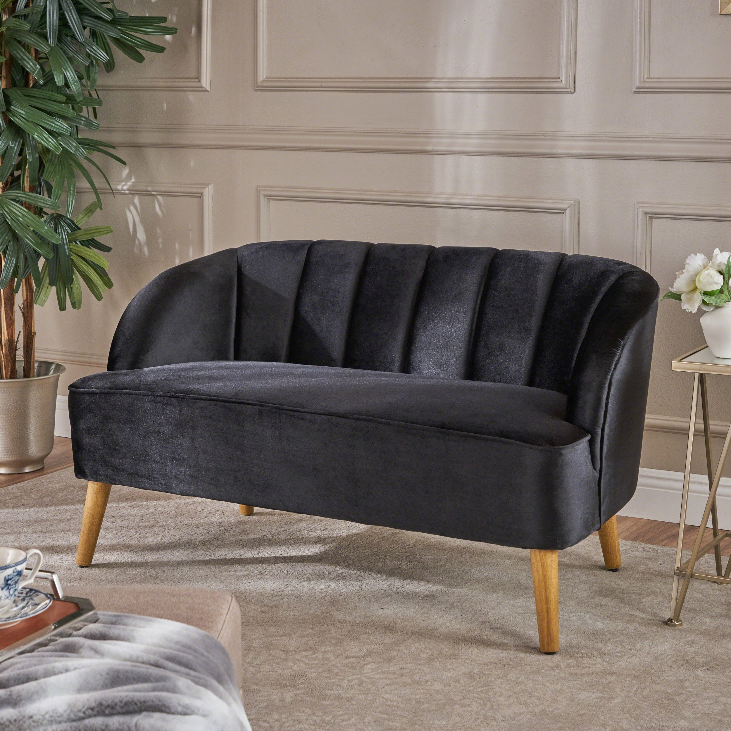 Noble House Modern Velvet Upholstered Loveseat, Black